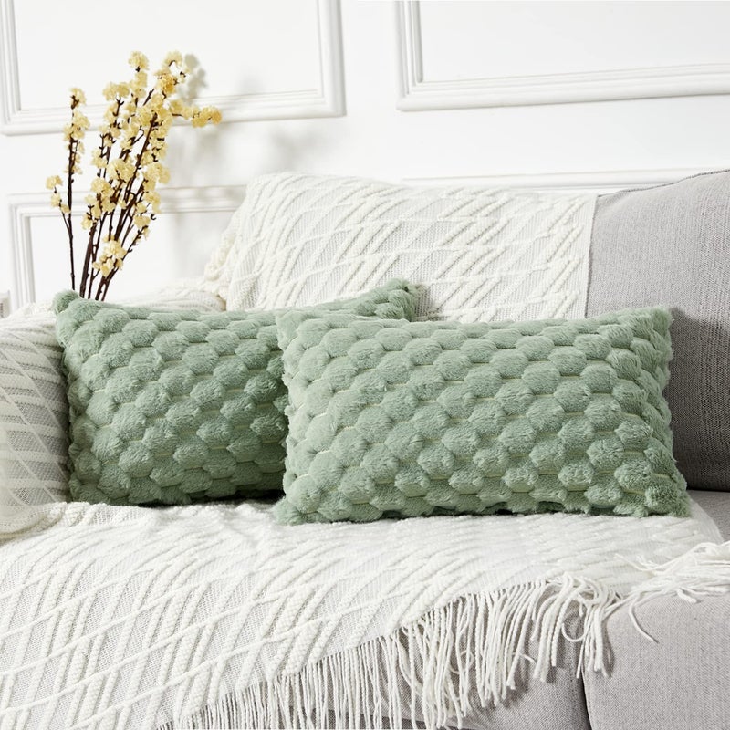 Yaertun Pack of 2 Super Soft Cozy Lumbar Decorative Throw pillow covers Fuzzy Plush Faux Fur Luxury Cushion Cover Pillowcase for Sofa Couch Bed Livingroom 12x20 Inch Sage Green - Image 1